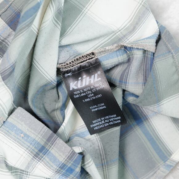 Kuhl Elixir Tapered Fit Short Sleeve Button Up Blue Green Plaid Shirt Mens L - Picture 16 of 16